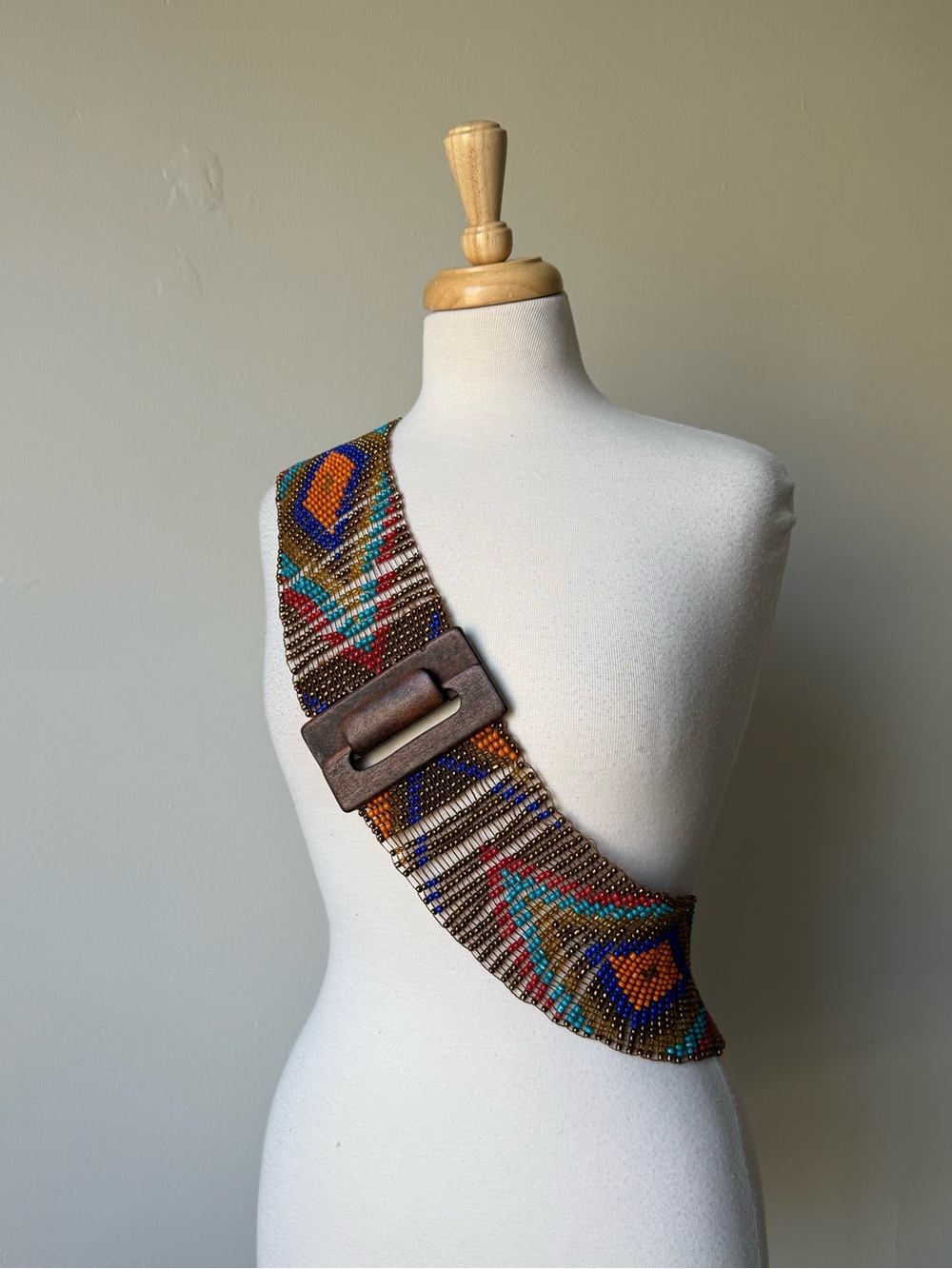 Vintage Beaded Festival Belt Wood Buckle Boho Hippie Statement Belt